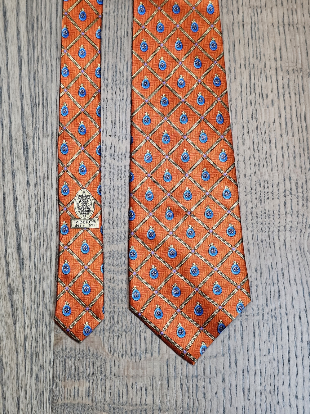 Faberge Orange Patterned 100% Silk Tie with Blue Medallions No 099